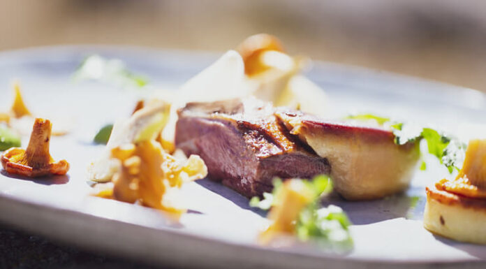 Pigeon flanqué de foie gras grillé, girolles et chanterelles, artichauts et roquette de Charles FONTÈS