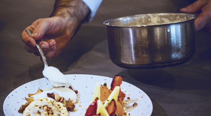 Ravioles de duxelles de champignons et truffe, purée de châtaignes, quelques légumes, écume de crème d’ail, condiment céleri huile de truffe By Gérard CABIRON